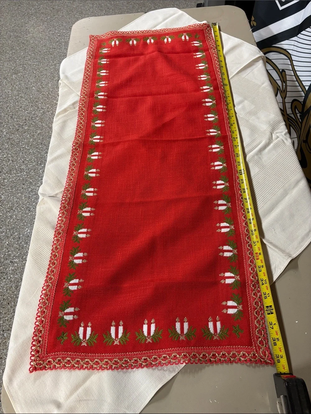 39” Long 16” Wide Red Holiday Candle Embroidered Table Runner